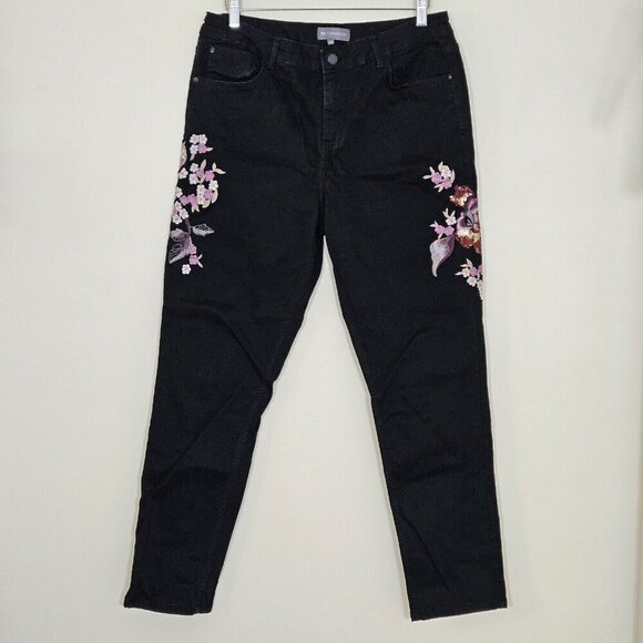 RJR John Rocha Jeans Womens 18 R Black High Rise Embroidery Flowers Sequins Boho - Picture 1 of 16